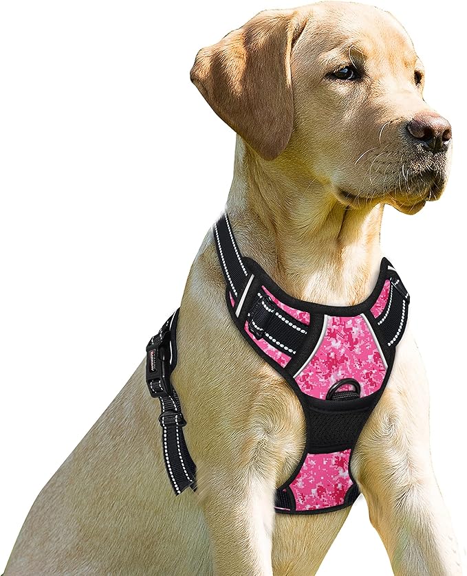 BARKBAY No Pull Dog Harness Front Clip Heavy Duty Reflective Easy Control Handle for Large Dog Walking(Pink camo,XL)