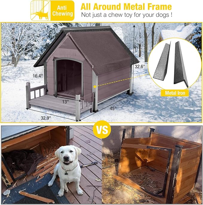 Aivituvin Dog House Outdoor with Metal Frame, Insulated Dog Kennel Outside for Small to Medium Breed, 45" Weatherproof Large Dog Shelter with Anti-Chewing Iron Frame, Grey (45" D x 32.9" W x 32.6" H)