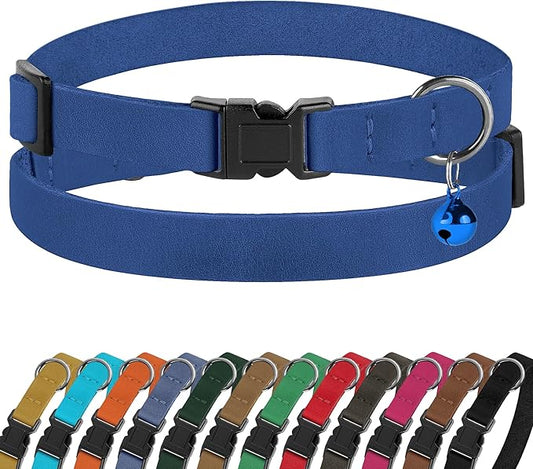 Breakaway Cat Collar Leather with Removable Bell - 13 Colors Available - Soft Adjustable Girl Boy Safety Lightweight Pet Kitten Collars Pink Brown Blue Green Red Orange Black (Blue)