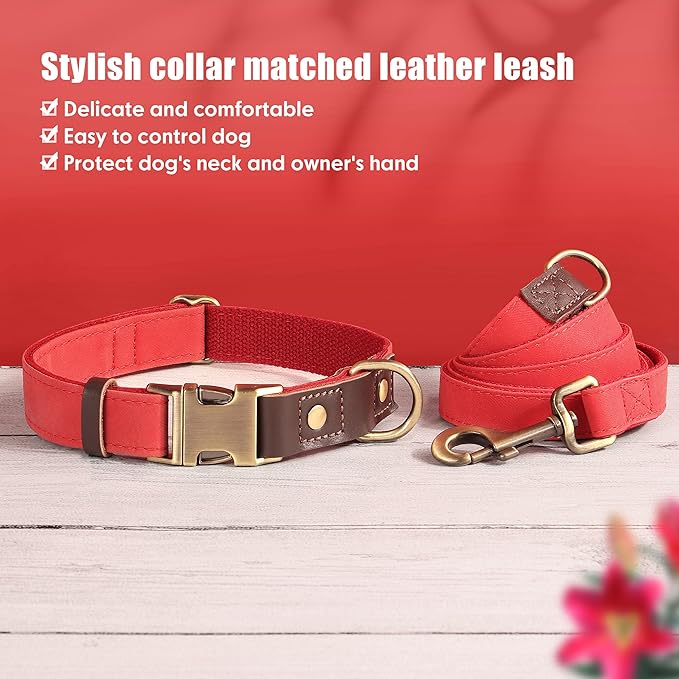 Didog Soft PU Leather Dog Collar for Large Dogs,Classic Adjustable Dog Collars with Quick Release Metal Buckle,Easy Clean and Comfortable with Nylon Lining,Red,L Neck 15-23"