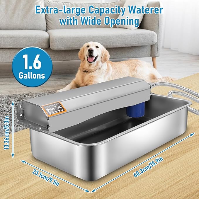 6L Automatic Dog Water Dispenser Bowl for Large Dogs, 304 Stainless Steel Wall Mounted Pet Waterer with Float Valve, Self-Filling Outdoor Water Trough for Pets/Livestock