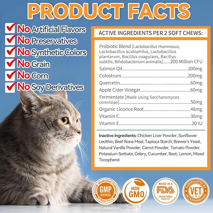 Cat Allergy Relief Chews 200 pcs - Cat Itchy Skin & Paw Licking Relief - Omega 3 & Probiotic for Cats - Anti-Itch Relief for Skin & Coat Health, Immune Support, Seasonal Allergies - Chicken Flavor