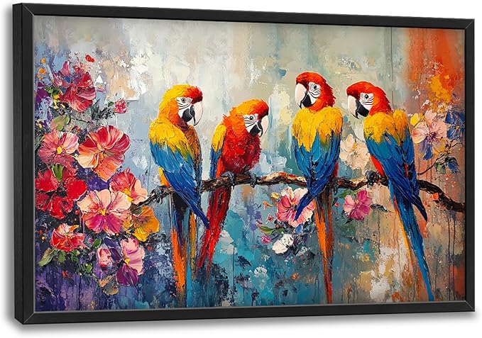 Extra Large Framed Parrot Bird Wall Art,Oversized Abstract Colorful Parrots Flower Wall Decor Pictures for Living Room,Canvas Print Painting Modern Artwork Bedroom Office Bathroom Home Decor 36L x24W