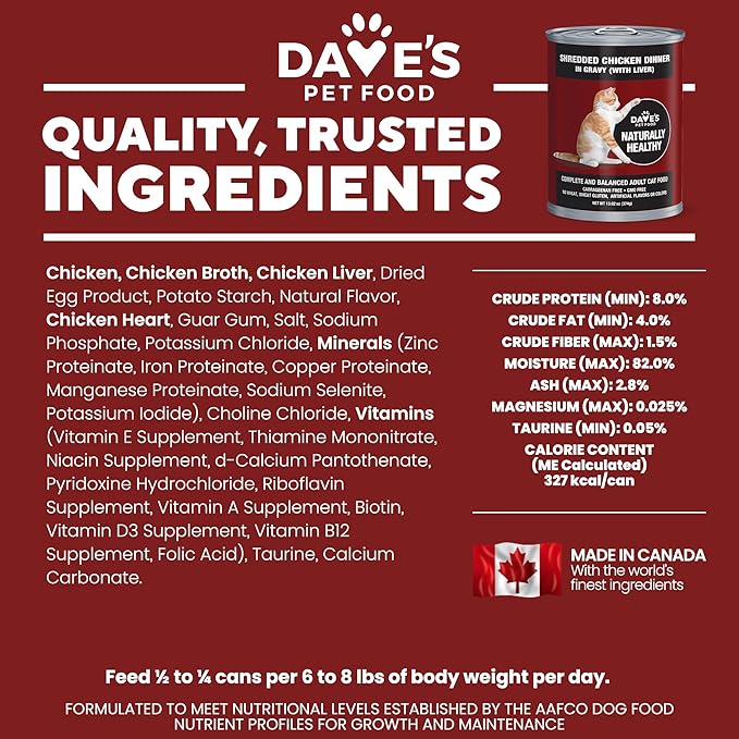 Dave's Pet Food Grain Free Wet Cat Food (Shredded Chicken in Gravy), Made in Canada Naturally Healthy Canned Cat Food, 13.2 oz (12 Pack)