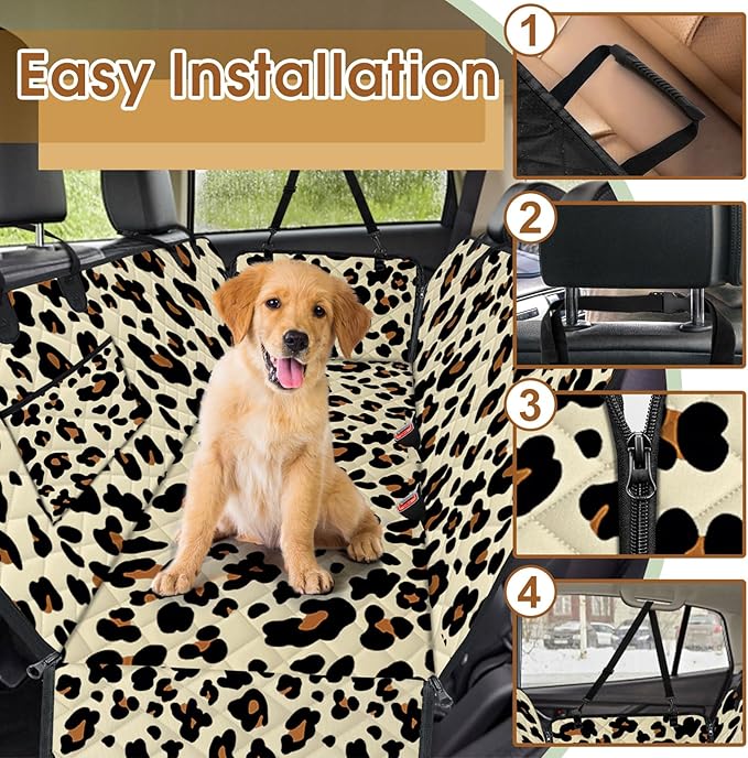Dog Car Seat Cover, Durable Waterproof Scratch Proof Nonslip Dog Hammock, Back Seat Covers with Pocket for Cars SUVs and Trucks - S, Leopard/Black