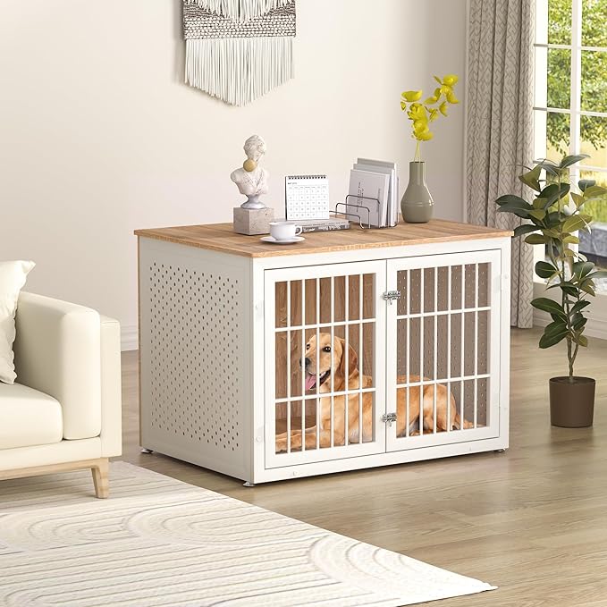 42" Heavy Duty Dog Crate Furniture for Large Dogs, Metal Kennel for High Anxiety Dogs, White Wooden Cage Furniture Indoor, Decorative Dog Kennel End Table, XL