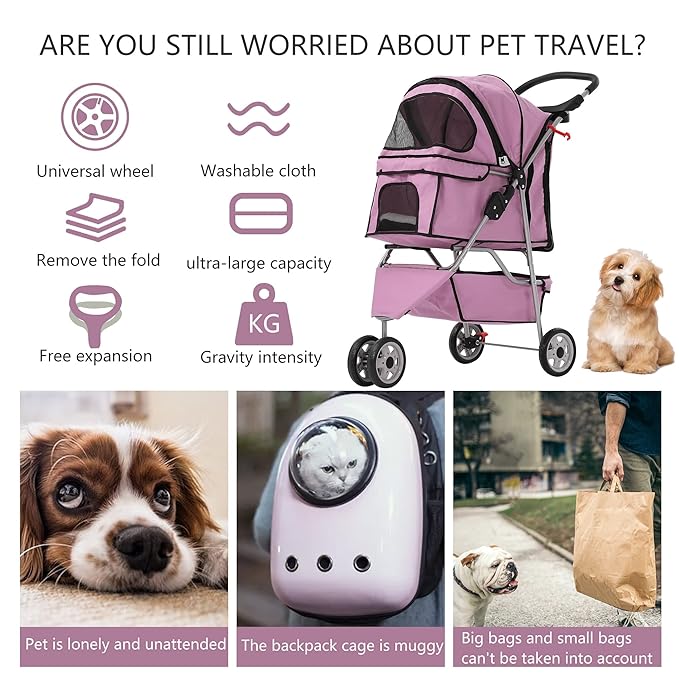 Dog Stroller,3 Wheels Travel Folding Pet Stroller for Small Medium Dog Cat Jogger Stroller with Storage Basket Removable Liner Pink