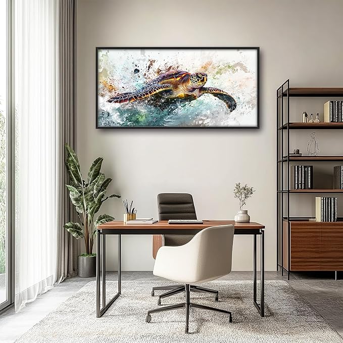 Extra Large Framed Sea Turtle Wall Art,Oversized Abstract Colorful Sea Nautical Wall Decor Pictures for Living Room,Canvas Print Painting Modern Artwork Bedroom Office Bathroom Home Decor 60L x30W