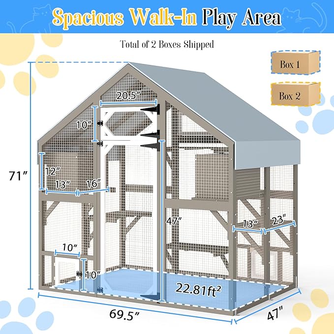 Cat Catio Outdoor Enclosure for Multiple Cats, Large Wooden Walk-in Cat House with Window Connection, 2 Condos, Platforms, Doors, and Weatherproof Roof Cover (69.5" L x 47" W x 71" H)