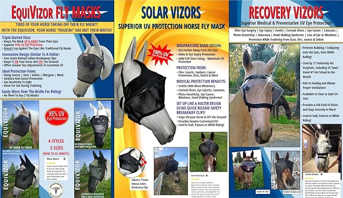 EquiVizor 95% UV Eye Protection (Mini) Standard Horse Fly Mask - Help with Uveitis, Corneal Ulcer, Light Sensitivity. Designed to Stay On Your Horse, Off The Ground.
