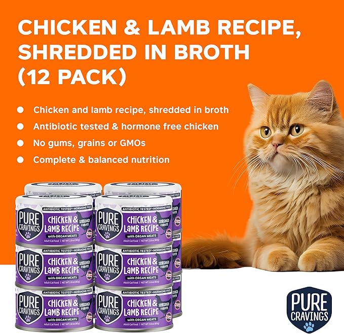 Chicken and Lamb Recipe in Broth, Shredded Wet Cat Food, Grain-Free Protein, Non-GMO, 12 Pack