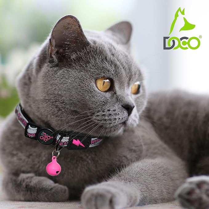 DOCO Cat Collar (Neck Girth - 3/8" x 7.5-12", Weight Upto - 13lb) Reflective Cat Collar with Bell, Breakaway Safety Buckle, Adjustable Nylon Strap for Kittens & Adult Cats (Lime)