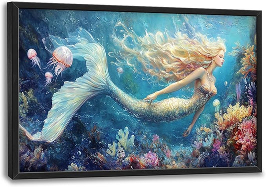 Extra Large Framed Mermaid Wall Art,Oversized Undersea Ocean Wall Decor,Colorful Coral Reefs Pictures for Living Room,Elegant Canvas Print Painting Modern Artwork Bedroom Bathroom 36L x 24W