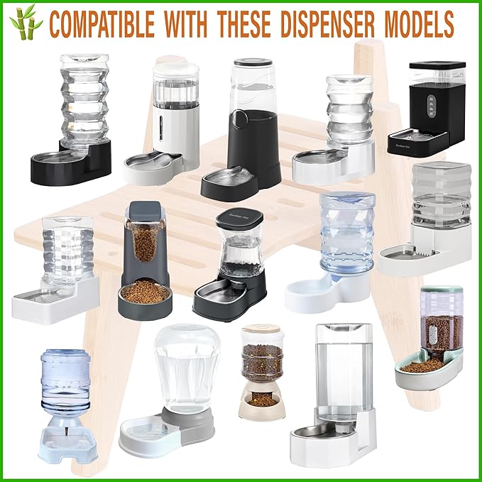 Dog Water Bowl Dispenser Stand - Compatible with Automatic and Gravity Water/Food Dispensers - Adjustable Width, Holds Various Sizes [See Photos for Measurements] - Bamboo