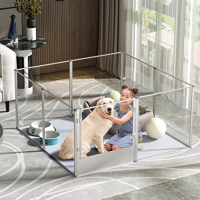 Dog Clear Playpen Fence Kennel: 32” Extra Tall Indoor Pet Birthing Cage Whelping Box with Waterproof Fertility Pad - 52”x52” Extra Large Dogs Exercise Crate Pen Made by Acrylic and Aluminum Frame