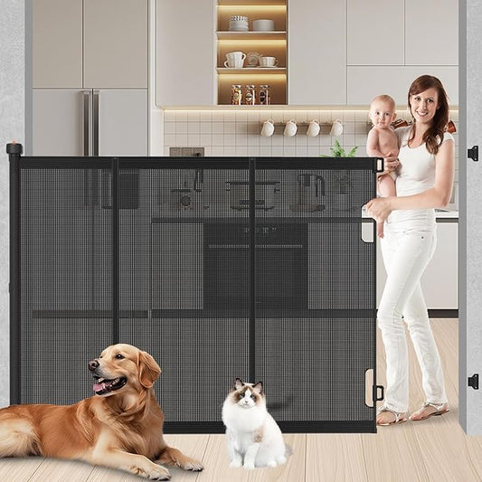 Extra Tall Retractable Baby Gates: 51" High Pet Gate, Extend up to 71" Wide, Mesh Baby Gate with Support Rods Jump-Proof Design for Cats & Large Dogs Tall Dog Cat Gate Indoor Outdoor, Black