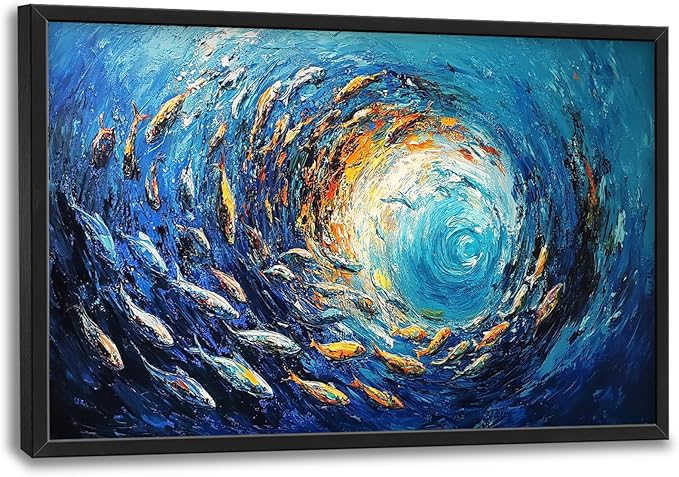 Extra Large Framed Abstract Ocean Fish Wall Art,Oversized Blue Sea Nautical Fish Wall Decor Pictures for Living Room,Canvas Print Painting Modern Artwork Bedroom Office Bathroom Home Decor 36L x24W