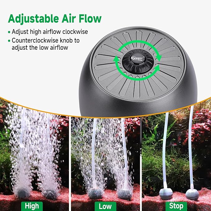 hygger Quiet Aquarium Air Pump, Adjustable Oxygen Aerator with Dual Output, 5W/8W Low Noise Air Pump with Air Stone Bubbler for Aquarium Fish Tank, Hydroponic System