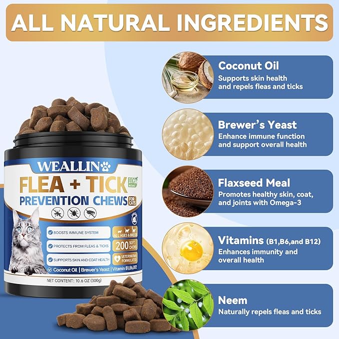 Flea and Tick Prevention for Cats, 200 Soft Chews for Fleas Treatment for Cats, Natural Cat Oral Flea Chewables Support Supplement, Flea and Tick Chews for All Breeds & Sizes