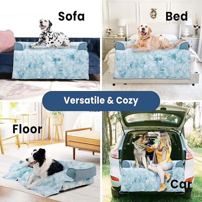 Calming Extra Large Dog Couch Bed for Dogs, 45 x 37 inch Waterproof Removable Pet Mat Couch Cover for Furniture Protector, Non-Slip Fluffy Pelsbarn Dog Bed for Couch, Sofa, Car - Tie-Dye Blue