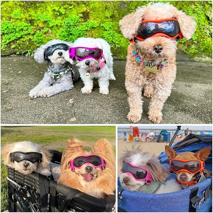 Dog Goggles Dog Sunglasses for Small Breed UV Protection Windproof with Adjustable Head Straps Chin Straps for Ride Car/Hiking Travel/On Beach-Black