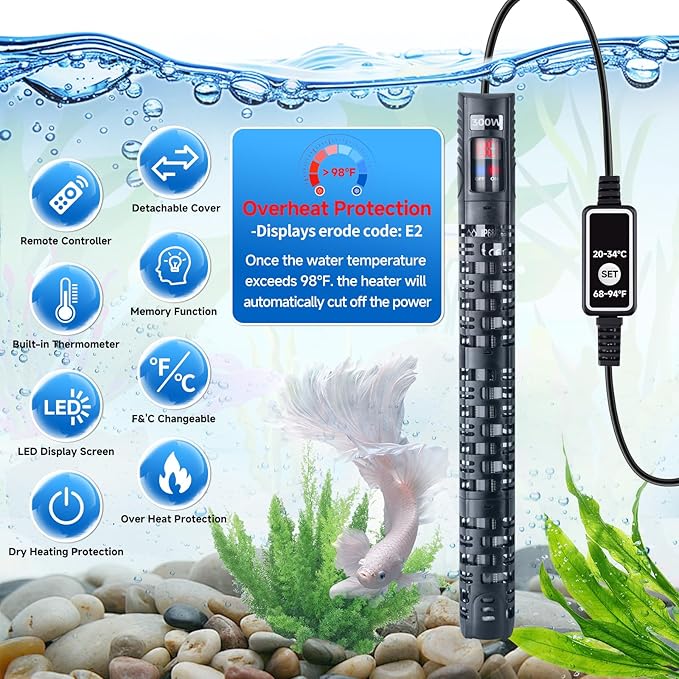Aquarium Heater Submersible Fish Tank 300W& Turtle Tank Heater with External Adjustment Controller, Included Thermometer, LED Display, Overheat Protection, Detachable Cover, for Saltwater&Freshwater