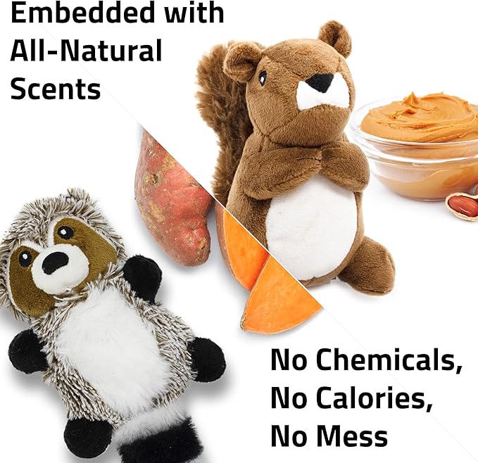 Playology Dog Toys | Plush Toy Raccoon & Squirrel (Value 2-Pack) Stuffed Animal for Dogs | Small Peanut Butter/Sweet Potato Scented Toys - Easy to Clean and Made from Non Toxic Materials