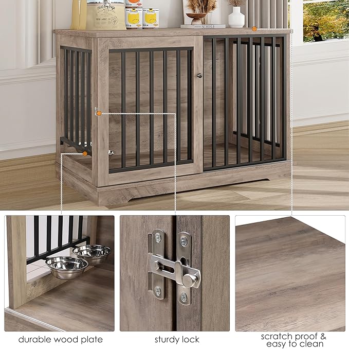 Dog Crate Furniture 47” Large Dog Kennel for Dogs Indoor, Heavy Duty Dog Cage with Sliding Door and 2 SUS Bowls Wooden End Table in Living Room for Small Medium Large Dogs, Rustic