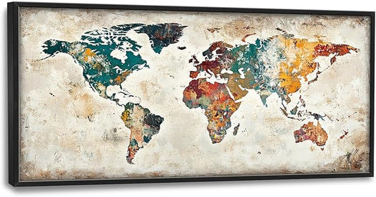 Extra Large Framed World Map Wall Art,Oversized Colorful Vintage Nautical Map Wall Decor Pictures for Living Room,Canvas Print Painting Modern Artwork Office Bedroom Home Decor 60L x30W