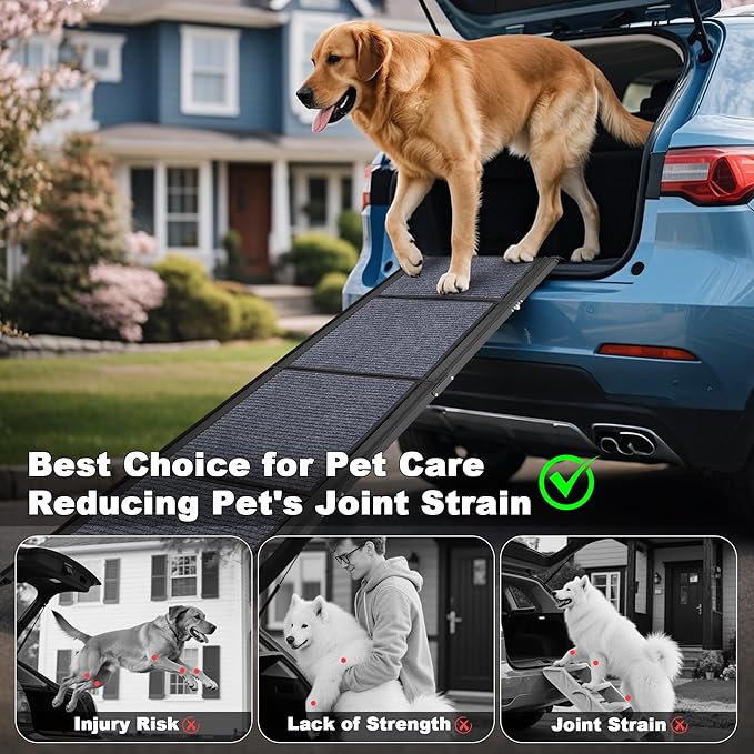 AQUILLA Dog Ramp for Car, 63" Folding Portable Dog Ramp with Non-Slip Rug Surface, Extra Wide Pet Ramps for Cat & Dogs Get on Bed, Cars, Stairs,Pick Up Trucks, Up to 250LBS (63" L x 17.3" W)