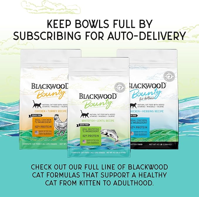 Blackwood Bounty Dry Cat Food, Whitefish & Lentil Recipe for All Life Stages, 4.5 Pound Bag, High Protein, Grain Free