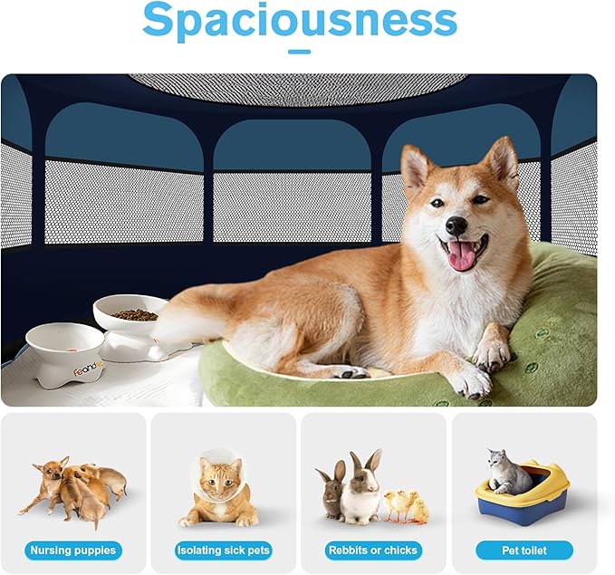 Dog Playpen, Pet Playpen, Portable Cat Playpen, Pop Up Foldable Puppy Playpen Exercise Kennel Tent with Carry Case Collapsible Bowl,Water-Resistant Shade Cover for Outdoor Indoor Travel (Large)