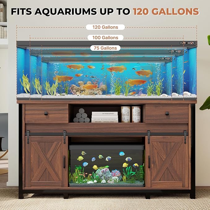 Miereirl 75-120 Gallon Fish Tank Stand with Power Outlet – Heavy Duty Aquarium Stand, Rustic Farmhouse Style, 1000 lb Capacity, Adjustable Storage & Sliding Barn Doors, Light Brown