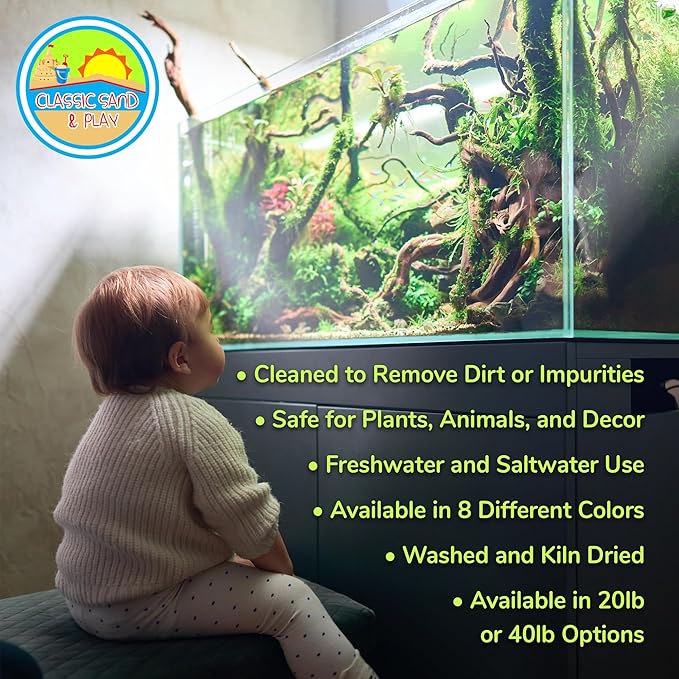 CLASSIC SAND & PLAY Natural Aquarium Sand for Freshwater and Saltwater Tanks, 40 lb. Bag, Improves Filter Life and Filtration Process, Pre-Washed Fine Sand, Yellow