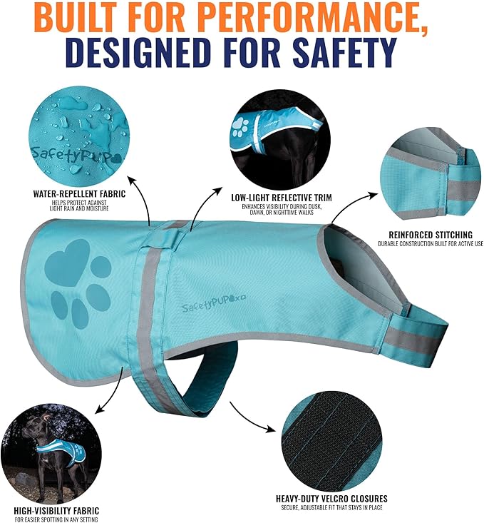 Dog Reflective Vest – Hi-Vis Fluorescent Visibility That Helps to Safeguard Your Pet On/Off Leash in Urban & Rural Areas (Teal, Large)
