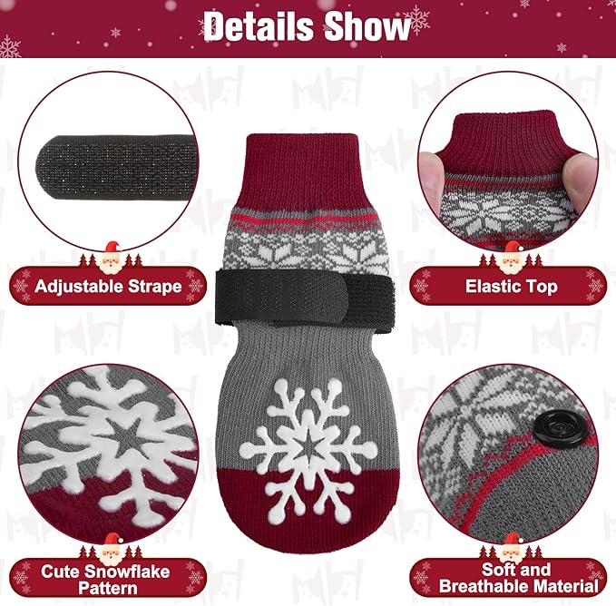 BEAUTYZOO Christmas Winter Anti-Slip Dog Socks with Grips Traction Control for Small Medium Large Dogs, Non Skid Indoor Double Side Pet Paw Protector for Hardwood Floor Wear, Snowflake L
