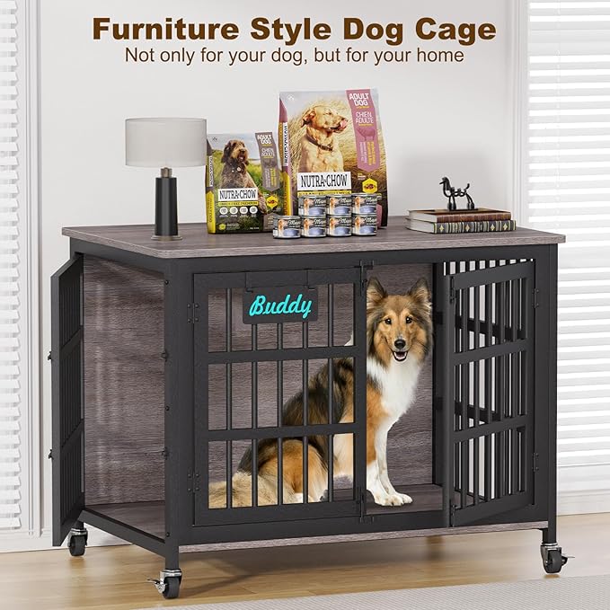EasyCom 41"/33"/27" Dog Crate Furniture with Name Tag, Heavy Duty Dog Kennel Indoor for Medium Dogs, Double-Doors Sturdy Metal Dog Cage for Anxiety Dog, Decorate House as TV Stand, End Table