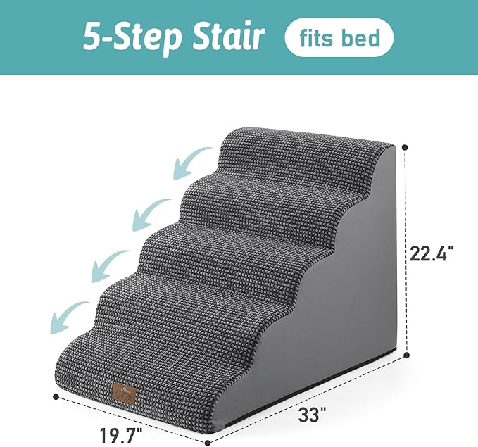 Extra Wide Dog Stairs 19.7" Width, Large Pet Step for Small Medium Dog, Puppy or Cat, Ramp for High Bed or Car, High Density Foam Ladder, Stable, 5 Step, 19.7x33x22.4 in, Dark Grey