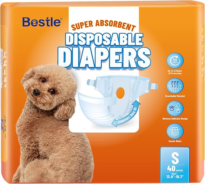 Disposable Female Dog Diapers, 40 Count, S (Waist 16.9”-19.7”), Wetness Indicator, Ultra Protection, Leak Proof, Super Absorbent, Soft