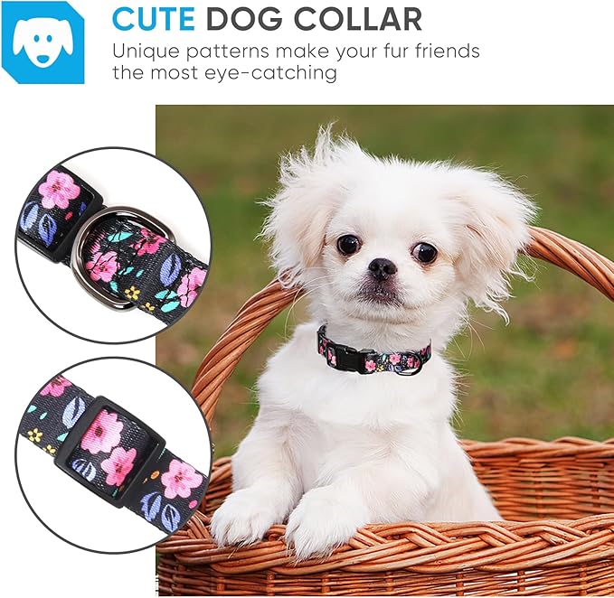 HEELE Dog Collar, Adjustable Soft Dog Collar for Small Medium Large Dogs,Floral Patterned Puppy Collars with Quick Release Buckle XS Length 8.5''-11''