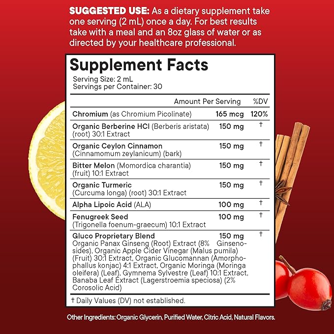 Berberine with Ceylon Cinnamon Supplement Liquid Drops + Bitter Melon Extract, Glucomannan, Gymnema, Chromium, Turmeric, Panax Ginseng, Moringa - 2 OZ