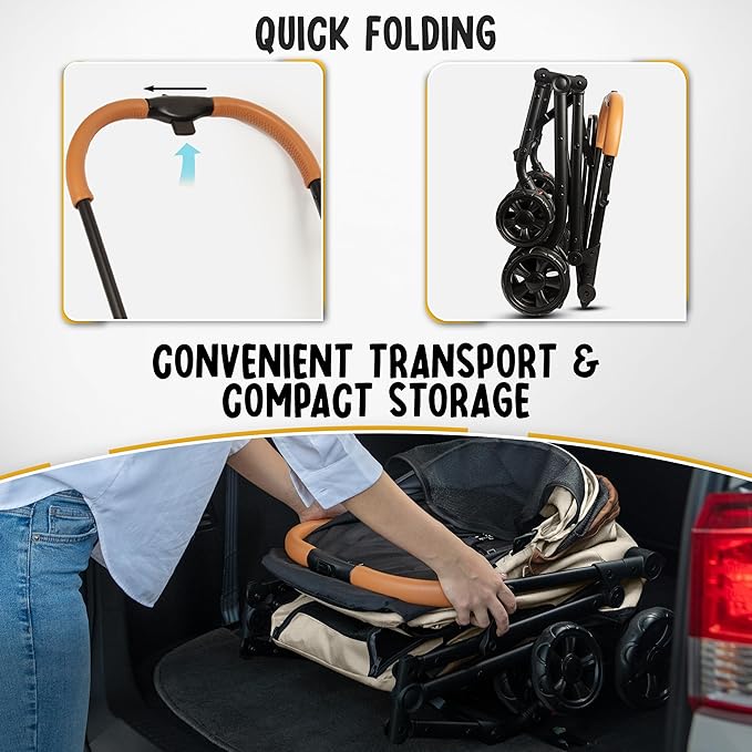 Double Pet Stroller with Detachable Carriers - Ideal for 2 Dogs or Cats - Compact & Convenient Design - Easy Assembly Double Dog Stroller - Cosmic Beige