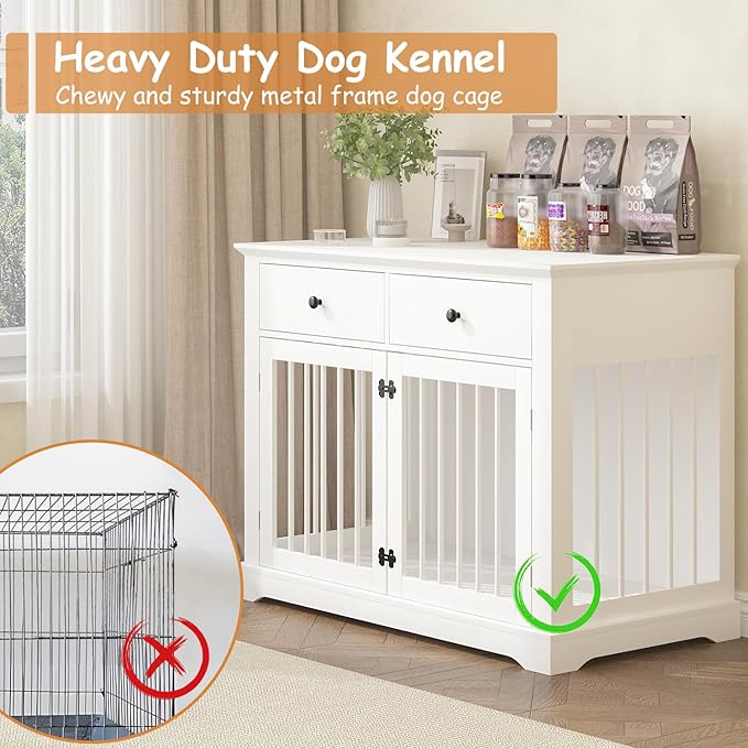 Dog Crate Furniture, 44 Inch Wooden Dog Kennel Indoor with 2 Storage Drawers, Heavy Duty Large Crate Furniture, Decorative End Table Cage Furniture for Small/Medium/Large (White)