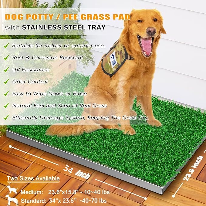 Dog Grass Pad with Tray, Reusable Large Artificial Turf Grass Potty and Puppy Pee Pads for Dogs, Portable Stainless Steel Dog Litter Box for Indoor/Outdoor Potty Training Toilet