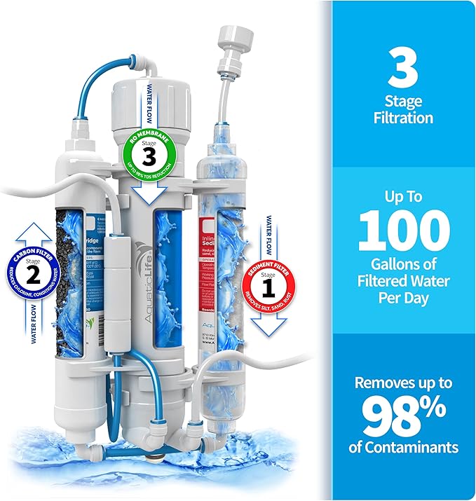 Aquatic Life RO Buddie 3-Stage Reverse Osmosis Aquarium Water Filter System RO Filtration Unit for Fish Tank, Fountains, and More, 100 GPD