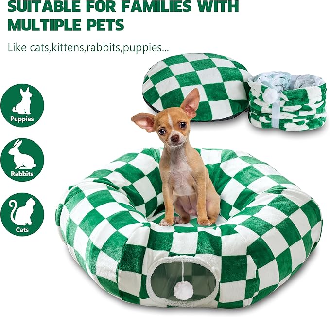 Cat Tunnel for Indoor Cats, Cute Peekaboo Cat Cave with Dangling Balls, Checkered Pet Donut Tunnel Bed with Circle Mat for Puppy Kitten Rabbit, Green/White
