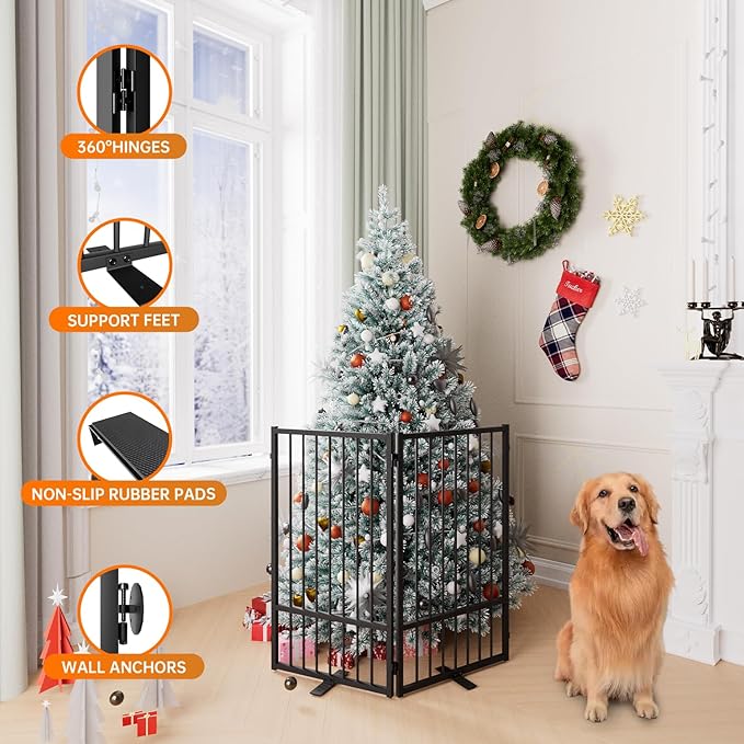 Full Metal Freestanding Dog Gate with Door, 36''Height Foldable Pet Dog Fence for Indoor & Outdoor, 2 Panels Extra Wide Free Standing TallDog Gates for Doorways,House,Stairs,Porch,Deck,Yard