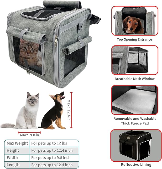 Dog Bike Basket, Expandable Soft-Sided Reflective Pet Carrier Backpack with 4 Open Doors, 4 Mesh Windows for Medium Small Dog Cat Puppies (Grey)
