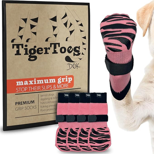 DOK TigerToes Premium Non-Slip Dog Socks for Hardwood Floors - Extra-Thick Grip That Works Even When Twisted - Prevents Licking, Slipping, and Great for Dog Paw Protection (XXS, Sassy Pink)