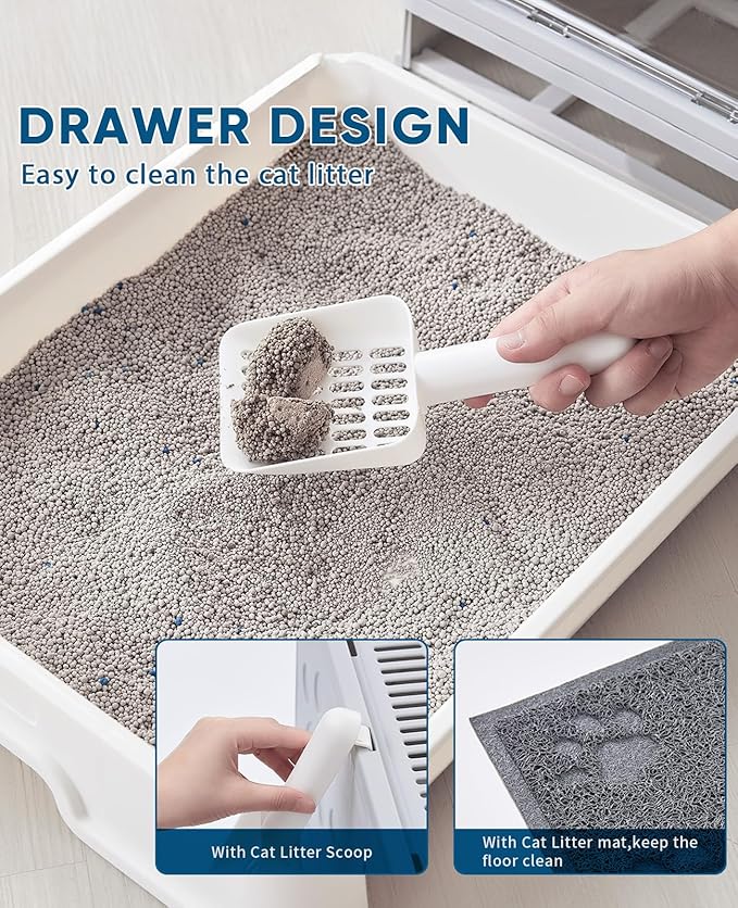 Cat Litter Box with Litter Mat and Scoop, Large Foldable Litter Box with Lid, Front Entry Top Exit Kitty Box, Odor Control, Easy to Clean (Grey)